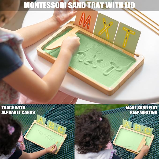 Sand Tray for Classroom Wooden Montessori Sand Tray with Lid for Kids Writing Letters and Numbers, Preschool Classroom Must Haves, Kindergarten Learning Tools (Green)