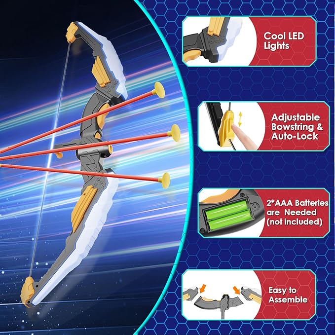 Kids Bow and Arrow Set LED Light Up Archery Set with 10 Suction Cup Arrows, 2 Archery Targets Indoor Outdoor Games for Kids Ages 4-8 8-12 Birthday Gifts Toys for 5 6 7 8 9 10 11 12 Year Old Boys Girls