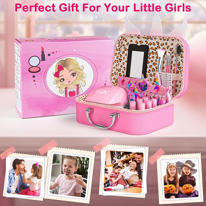 Kids Makeup Kit for Girl - 2 in 1 Kids Washable Makeup Toys & Nail Art Kit with Nail Dryer and Storage Case, Real Girl Makeup Set Birthday Gifts Toys for 3 -12 Year Old Girls, Light Pink