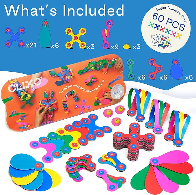 Clixo Super Rainbow, 60 Piece Pack - A Versatile, Travel Friendly Magnetic Building Toy, Flexible Design for Hours of Fun Creative STEM Play, Great Gift for Curious Kids. Ages 4-99