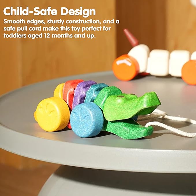 PlanToys® Rainbow Dancing Alligator Pull Toy for Toddlers | Eco-Friendly Wooden Toy with Click-Clack Sound | Walking Toy for Babies