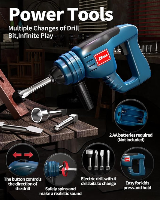 Deejoy Tool Set with Tool Box & Electronic Toy Drill, Pretend Play Kids Construction Kits for Kids Ages 3-5 Years Old, Toddler Boy Toys (Blue)