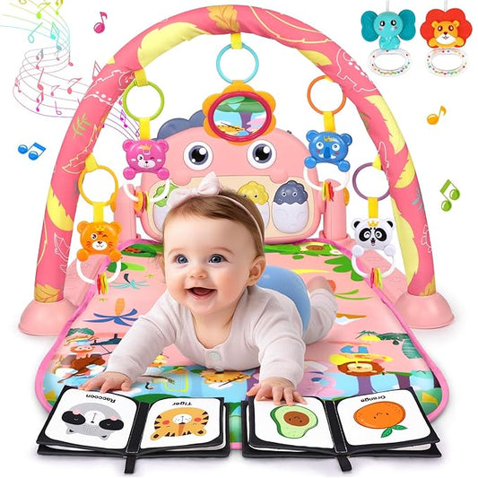 UMIKU Baby Play Mat Baby Tummy Time Mat Infant Newborn Musical Activity Center with High-Contrast Piano Music & Light Newborn Babies Gift for Girl Boy Babies 0-6 6-12 Month Pink Dinosaur