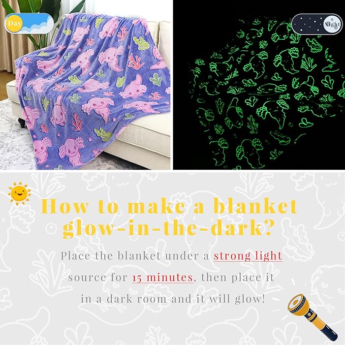 Glow in The Dark Blanket Axolotl Gifts Toys for Girls Cute Axolotl Blanket for Birthday Gifts