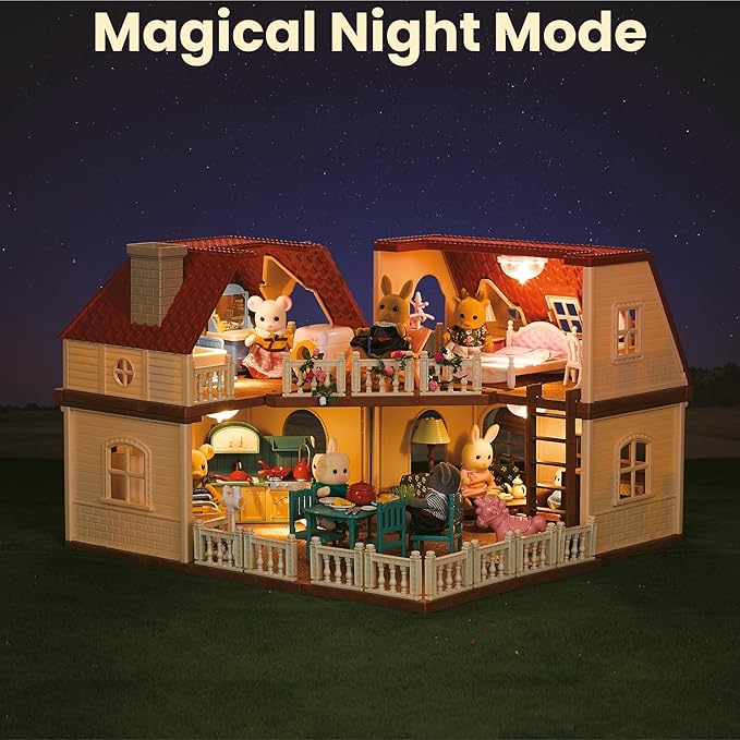 Family Grand Doll House — Light-Up 2-Story Cozy Cabin with Furniture & Bunny Figure, Complete Dollhouse Playset for Creative Pretend Play, Gift for Kids Ages 3+