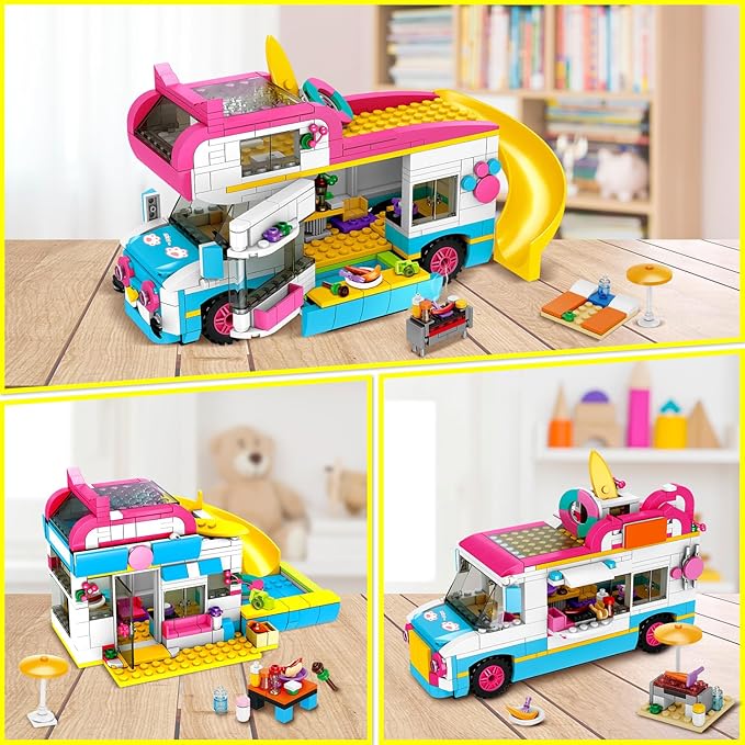 HOGOKIDS 3-in-1 Girls Camper Van Building Set - 494PCS Summer Beach Camping Building Blocks Sets | Food Truck Toys with Slide and Stickers | Easter Gifts for Girls Boys Age 6 7 8 9 10 11 12+