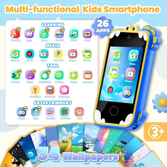 Kids Phone for Girl Toys, Kids Camera Toy Smart Phone Christmas Birthday Gifts Toddler Ages 2, 3, 5, 7, 8, 10 Year Old, Educational Learning Toys with 2.8" Touchscreen, Music Video Game (Blue)