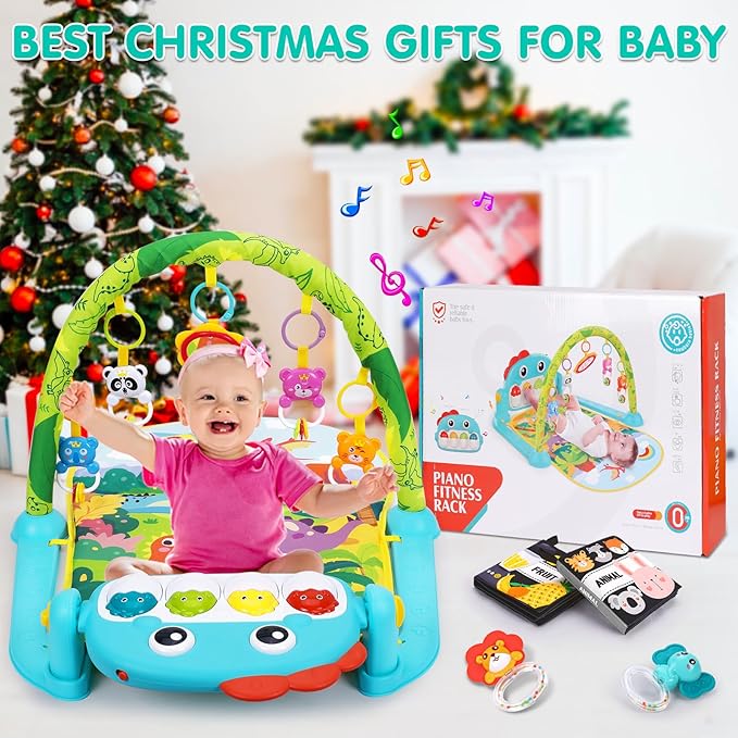 UMIKU Baby Play Mat Baby Tummy Time Mat Musical Activity Center for Infant with High-Contrast Piano Music & Light Newborn Babies Gifts for Boy Girl Babies 0-6 6-12 Months Dinosaur Style