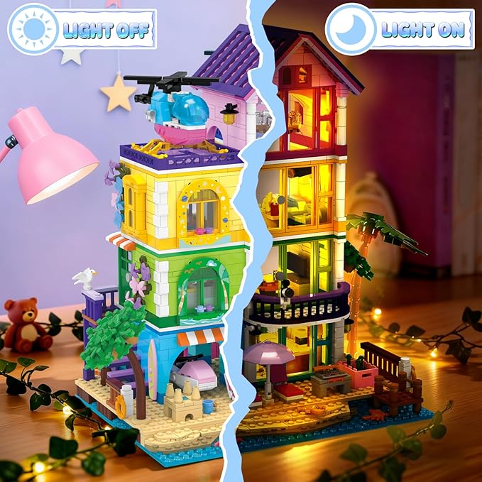 Beach House Building Set with Light, NO Compatible with Lego Friend House for Girls Age 8-12, 1346PCS Mini Bricks Seaside Villa, Creative Holiday Cottage Building Kits, for Girl 8-14