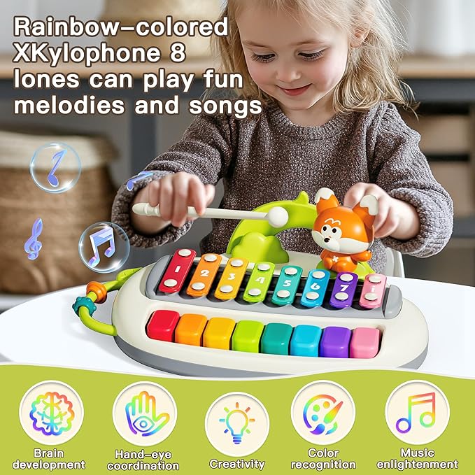 2 in 1 Baby Piano Xylophone for Toddlers， 8 Multicolored Key Keyboard Piano, Musical Table Percussion Sensory Toys ，Educational Musical Learning Instruments Toy for Kids Girls Boys