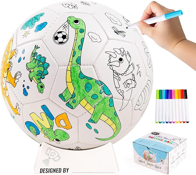 EVERICH Paint Your Own Soccer Ball with Markers, Toddler Arts and Crafts Kits Soccer Gifts for Girls Boys, Size 3 Dinosaur Toys Coloring Custom Soccer Ball Game Birthday Gifts for Kids 3 4 5 6-8 8-12
