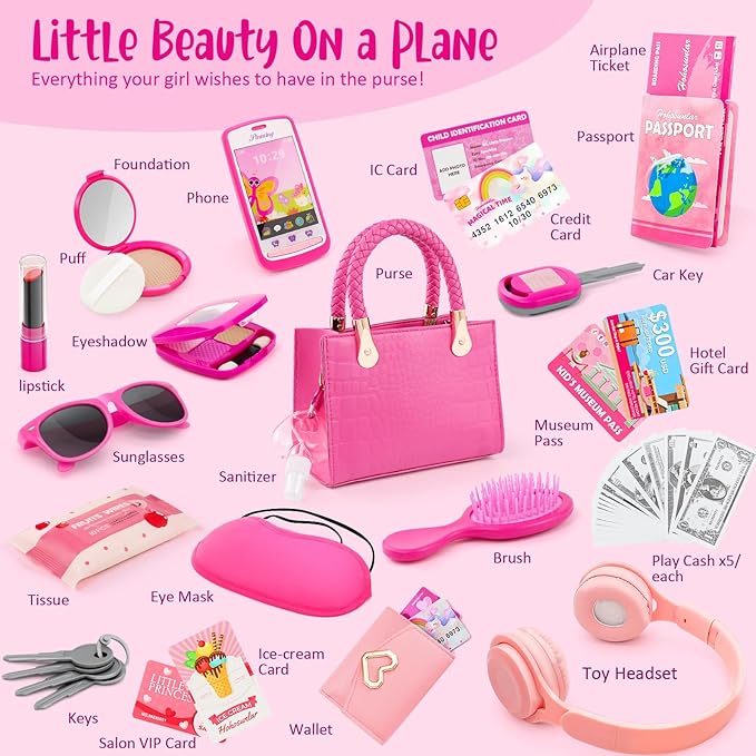 Little Girl Purse with Pretend Makeup for Toddlers, 49PCS Kids Play Purse Set - Princess Toy Accessories, Pretend Play Headset Wallet Phones Sunglasses Keys Credit Cards Birthday Gift for Girls Age 3+