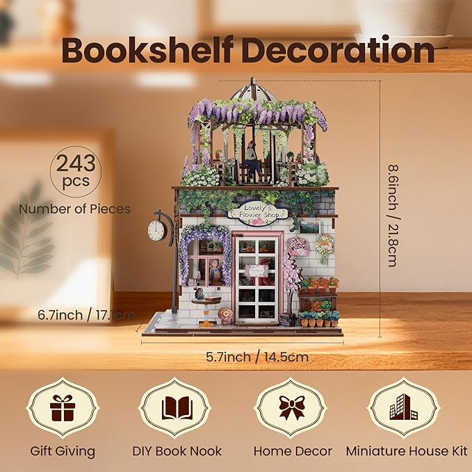 Book Nook Kit - DIY Miniature House Kit for Adults, Dollhouse Booknook Tiny House Bookshelf Decor 3D Wooden Puzzle Street Model, Ideal Gift for Book Lovers, Family, Friends (Flower Shop)