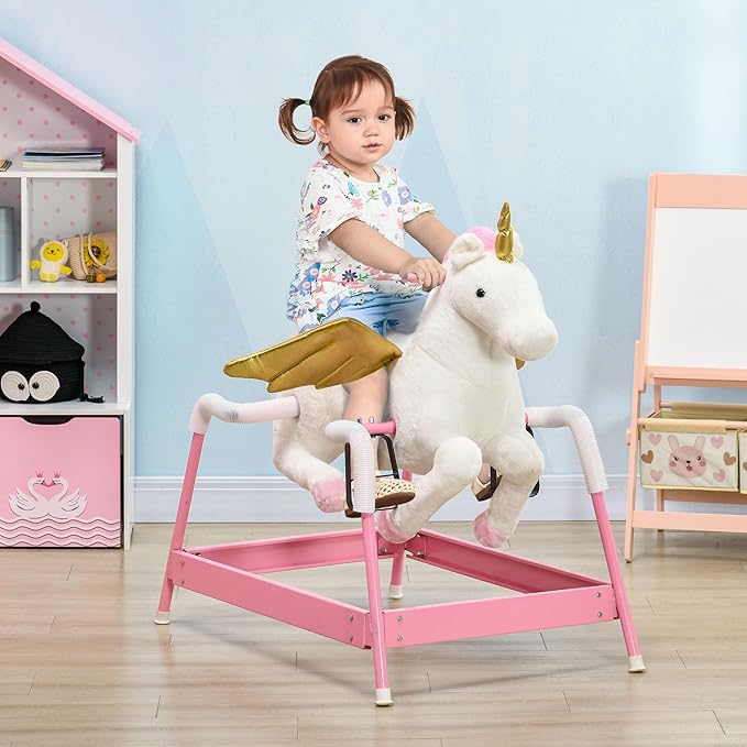 Qaba Kids Spring Rocking Horse, Ride on Horse for Girls and Boys with Animal Sounds, Plush Horse Ride-on with Soft Feel, Interactive Toy for Kids, Pink