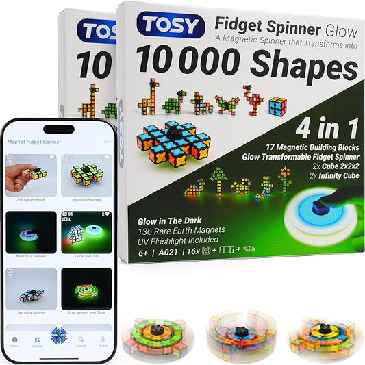 TOSY Magnet Fidget Spinner Glow - 16 blocks, 3in1 Toy: Transformable Fidget Spinner, Infinity/Puzzle Cube, Glowing, Christmas Stocking Stuffers Gift for Kids/Adults, STEM Sensory Stress Relief, 2-pack