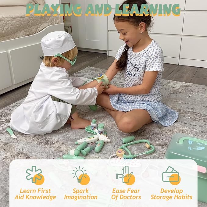 Liberry Doctor Kit for Toddlers 3 4 5 Years Old, 30-Piece Kid Doctor Toy with Stethoscope, Costume, Green Medical Pretend Play, Christmas Birthday Gift for Girls Boys