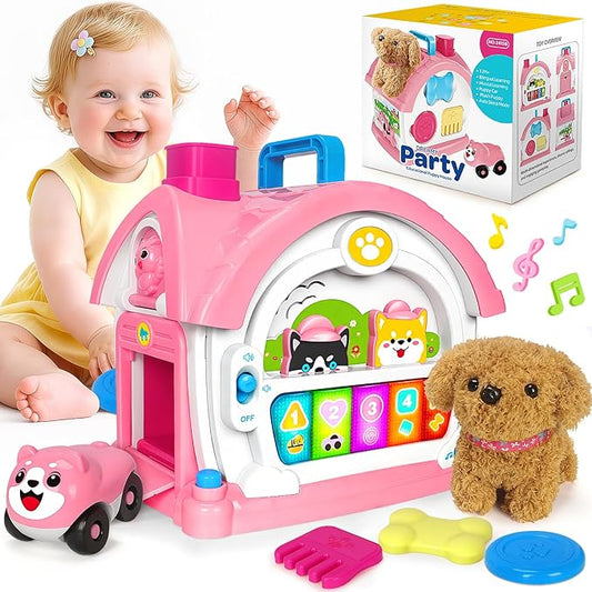 Montessori Toys for 1 2 3 Year Old Girl Gifts, Baby Musical Toys 12 18+ Months, 10 in 1 Bilingual Learning Toy with Sound Light, Cute Toy with Plush Puppy, First Birthday for Toddlers