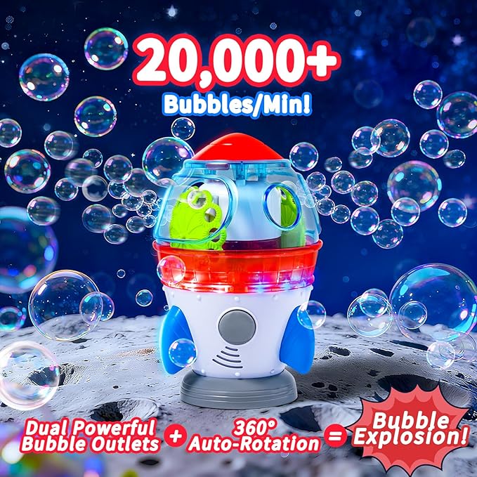 Rocket-Shaped Bubble Machine for Kids & Pets - Dual Powerful Bubble Outlets, Automatic 360° Rotation, Adjustable LED Lights & Music – Ideal for Indoor/Outdoor Birthday Parties
