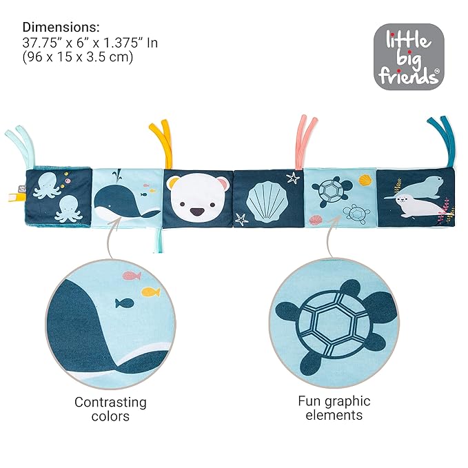 Little Big Friends 2-in-1 Sensory Baby Book | Crinkle Cloth Activity Book with Teether, Mirror & Contrast Textures | Stimulating Toy for Newborns & Infants | Crib & Stroller Attachment | Ocean Theme