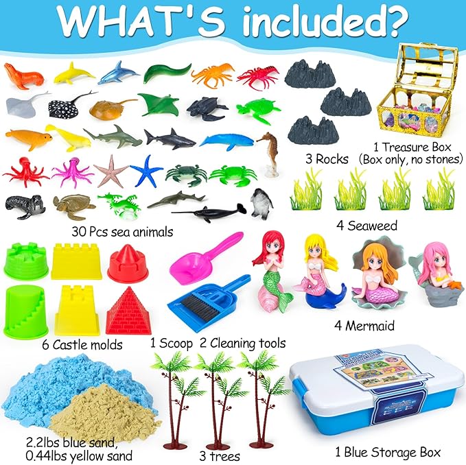 57Pcs Sensory Bin Toys, Ocean Mermaid Sensory Bin Sandbox for Kids Ages 2 3 4 5 6 7 8 with 2.64lbs Magic Sand, Castle Moulds, 4 Mermaids & 30 Sea Animals, Toddlers Play Sand Art Kits Gifts