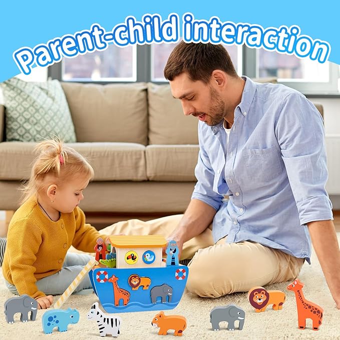 KMTJT Toddlers Wooden Noah's Ark Toy Animal Playset, Baptism Gifts for 1 2 3 Boys Girls, Shape Sorter Early Learning Montessori Toys with Bible Story Book for 12 18 24 Months Babies