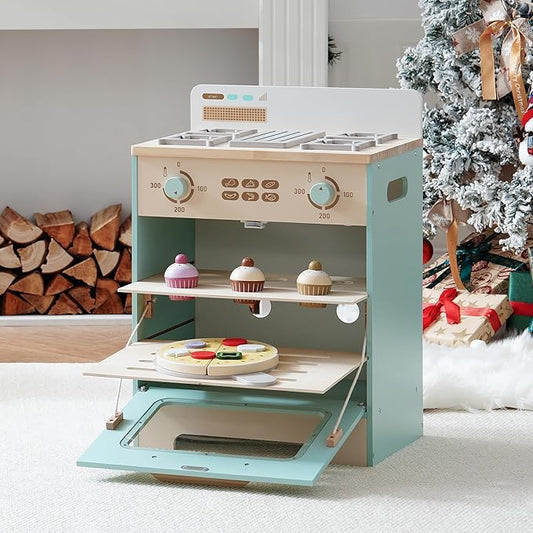 ROBOTIME Wooden Toy Kitchen Oven Playset, Montessori Pretend Play Kitchen Accessories with Pizza and Cupcakes Food Toys, Wooden Pizza Oven Set Toys for Toddlers & Kids, WCF28