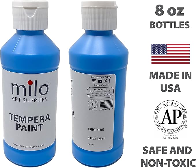 milo Washable Paint for Kids | 12 Colors 8 oz Bottles | Made in the USA | Safe and Non-Toxic Tempera Paint for Art & Craft, Poster, Window for Toddlers, Children, Classroom, School