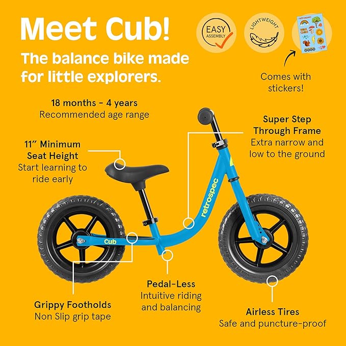 Retrospec Cub Toddler Balance Bike for Ages 18 Months - 3 Years - 12in No-Pedal Beginner Bicycle with Adjustable Seat, Puncture-Proof Tires & Safe Low Frame Design