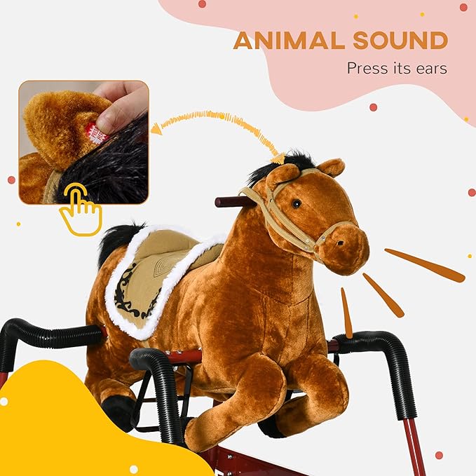 Qaba Kids Spring Rocking Horse, Ride on Horse for Girls and Boys with Animal Sounds, Plush Horse Ride-on with Soft Feel, Interactive Toy for Kids, Light Brown