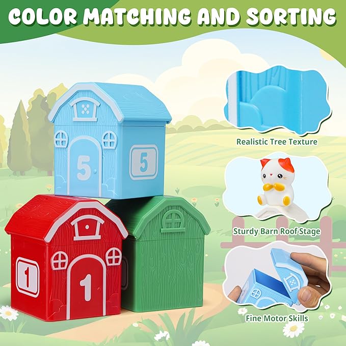 Montessori Toys for Toddlers, 20Pcs Farm Animal Toy Counting, Matching, Sorting Preschool Learning Toy Barn including 10 Barns,10 Finger Puppets and 2 Stickers Birthday Gift for Baby Boys Girls