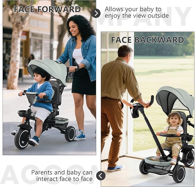 Kinder King Kids Tricycle, 8 in 1 Folding Toddler Trike w/Adjustable Push Handle, Rotatable Seat, Adjustable Canopy, Bell, Five-Point Harness, Storage, Toddler Stroller Bike for Age 6 Months+, Green