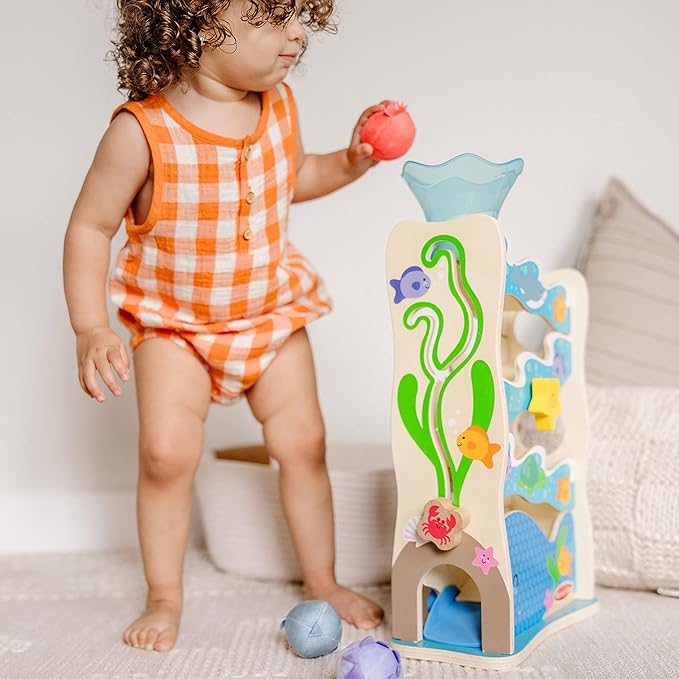 Melissa & Doug Rollables Ocean Slide Wooden Baby Ball Drop Toy, 5-Piece Ocean-Themed Infant Toys, Early Learning Activity for Fine Motor Skills & Sensory Play, Toddler Toys for Kids Ages 12m+