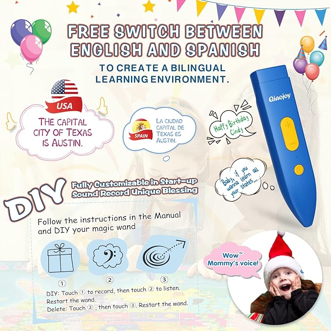 V2 Interactive Bilingual United States Map for Kids Learning, Talking USA Map Poster Geography Games Personalized Toys for Boys & Girls Ages 3-12