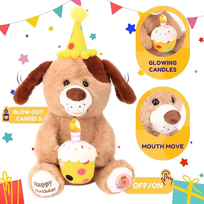 Hopearl Adorable Happy Birthday Dog with Glowing Cupcake Musical Stuffed Animal Puppy Singing and Shaking Plush Toy Interactive Animated Kids Gifts, Brown, 15''