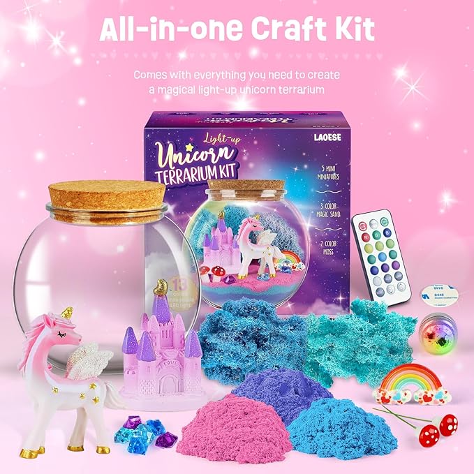 Unicorn Gifts for Girls - Light Up Terrarium Kit for Kids - DIY Unicorn Toys for Girls Age 4 5 6 7 8-12 Year Old, Arts and Crafts Kit for Kids, Halloween Birthday Christmas Gifts