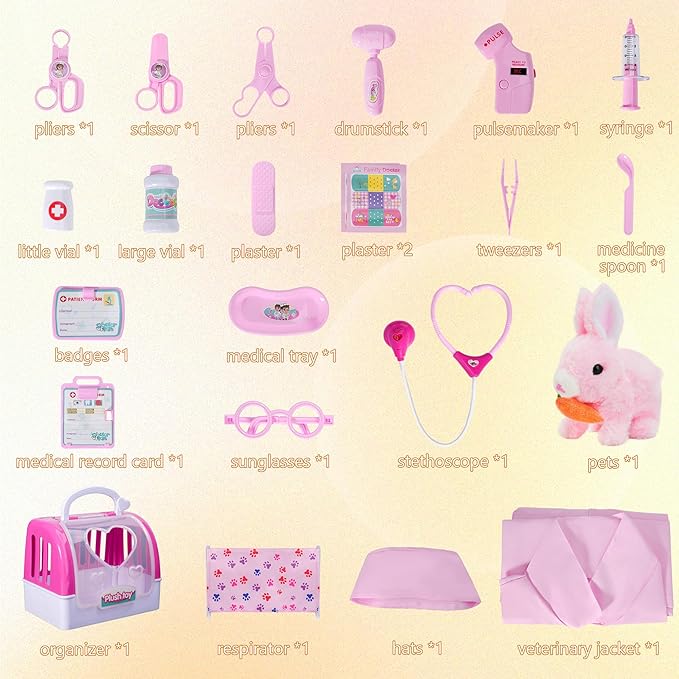 Doctor Kit for Girls -Vet Play Sets for Kids, Pretend Play Doctor Set with Pet Cage and Bunny Toy, Doctor Play Gift for Kids Toddlers Ages 3 4 5 6 Year Old for Role Play (Pink Bunny)