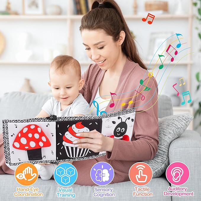 Black and White High Contrast Toys for Baby 0-3 3-6 months Infant Tummy Time Soft Book Sensory Musical Toy 0-2-4-6 month Babies Brain Development Crinkle Book Mirror Newborn Christmas Stocking Stuffer