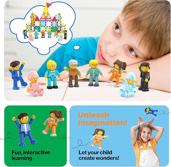 PicassoTiles 8 Piece Magnetic Action Figures Family Character Set Compatible with Magnet Tile Building Blocks STEM Educational Toy for Kids Pretend Play Construction Expansion Pack Creative Play PTA11