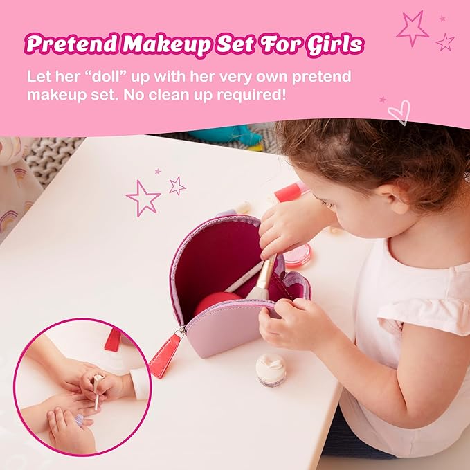 Litti Pritti Toddler Makeup Kit - Pretend Make up 11-Piece Play Makeup Set for Little Girls Age 3 and Up - Kids Cosmetic Bag Includes Brushes, Lipstick, Nail Polish - Pretend Play Toddler Girl Toys