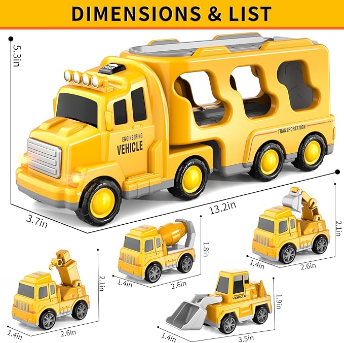 Bennol Construction Truck Toys for Toddler Boy 1 2 3 4 5 Year Old, Car Trucks Birthday Gifts Toys for Kids Ages 1-3 3-5, 5-in-1 Construction Trcuk with Excavator, Crane Mixer, Bulldozer