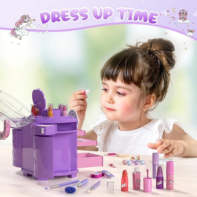 PERRYHOME Kids Makeup Set for Girls, 63 Pcs Washable Non-Toxic Real Cosmetic Toddler Makeup Kit, Unicorn Princess Play Makeup Toys Birthday Gifts, Dress up Time Girl Toys for 3 4 5 6 7 8 9 10 11 12