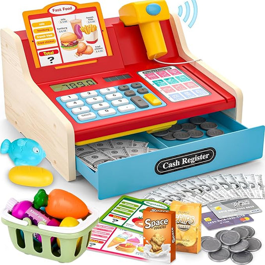 2025 Wooden Toy Cash Register for Kids,Rechargeable Counting Wood Cash Register Toys, Kids Cash Register with Scanner Realistic for Boy Girl Age 2-4 4-8, Pretend Toy Role-Playing Birthday Ideals Gift