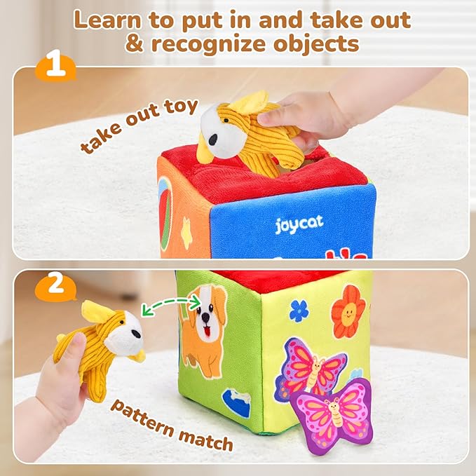 JoyCat What's Inside Box - Mystery Soft Box with 5 Sensory Objects, Rattle, Crinkle Paper, Mirror - Baby Toys 6-12 Months, Soft Busy Travel Toys - Christmas Basket Stocking Stuffers