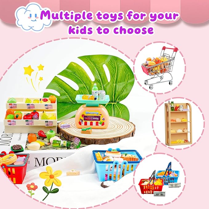 183Mini Food Toys Dollhouse Fruit Vegetable Bread Rack Display Shelf Grocery Store Shopping Cart Basket Miniature Drink Supermarket Metal Handcart Kitchen Play Game Party Cash Register