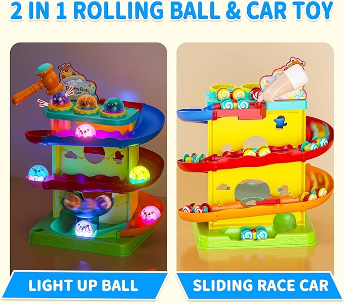 Funwee 2-in-1 Ball & Racing Car Ramp Toy for Toddlers, Race Track Hammer Rolling Lights Ball Drop, Interactive Montessori Learning Game Birthday Gift Idea for Kids 2 3 4 5+Year Old Girl Boy(Yellow)