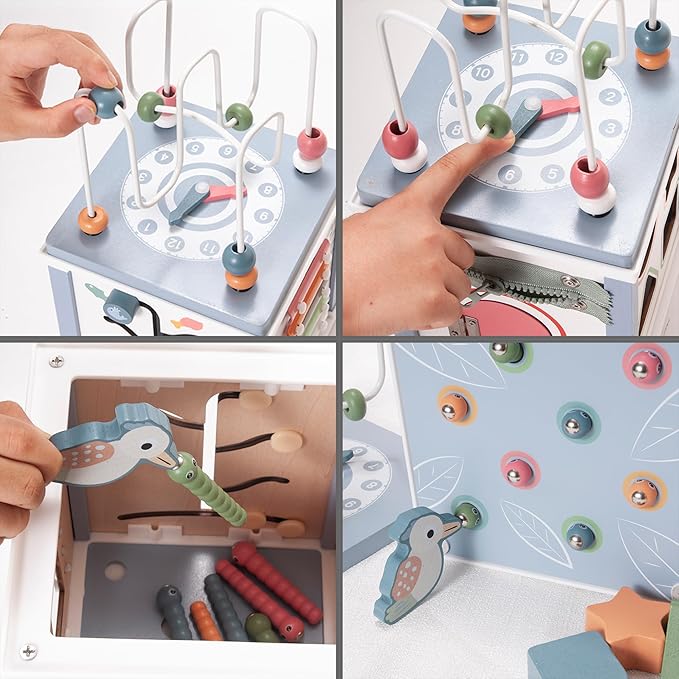 Donmills Wooden Activity Cube Toddler Montessori Toys, Baby Activity Cube with Bead Maze, Shape Sorter Toy, Bonus Sorting & Stacking Board, Learning & Education Toys Birthday Gift for Boys and Girls