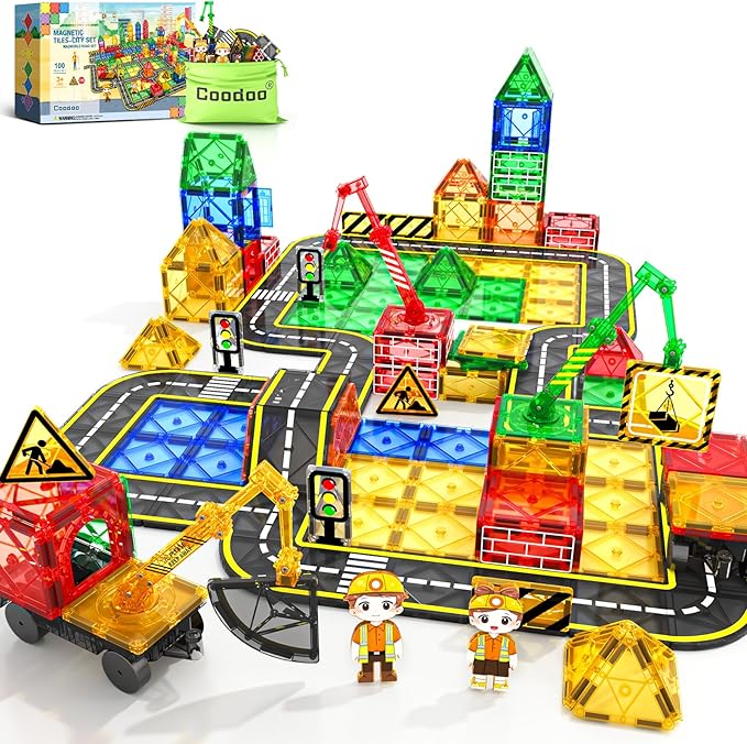 Coodoo 100 PCS Magnetic Tiles Road Set with 3 Cranes & 2 Cars - Magnetic Blocks City Construction Building Toys for 3+ Year Old Boys Girls Ideal Preschool Learning Outdoor Creative Toddler Kids Toys