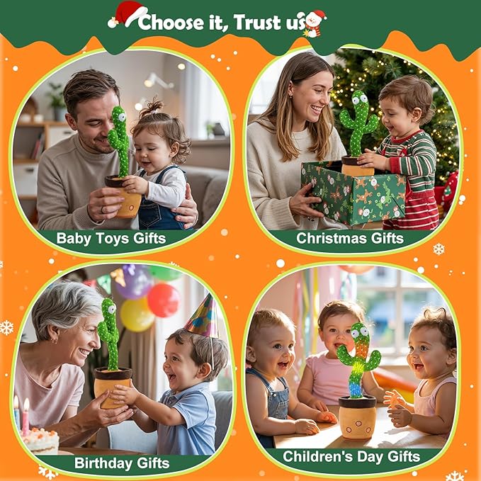 Rechargeable Dancing Talking Cactus Toy for Baby Toddler, Singing Mimicking Recording Repeating with 120 Songs, tummy time toys for Girls Boys, Birthday or Chirstmas Gifts, Stocking Stuffers for Kids