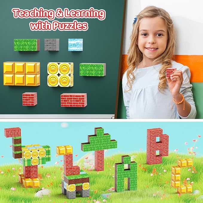 Magnetic Blocks Travel Toys, 35PCS Magnetic Tiles for Kids Ages 3-8, Portable STEM Building Cubes with Metal Storage Box, Toddler Learning Toys for Ages 3+