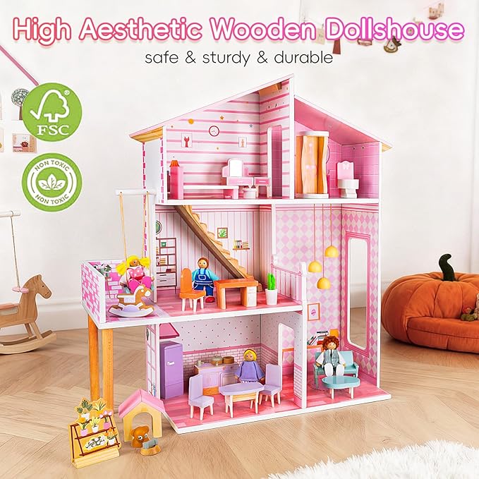 Wooden Dolls House for Toddlers Aged 3–5: Complete Set with Furniture, 4 Family Member Dolls, and a Pet Dog – Villa-Style Design for Indoor Play. Ideal Dollhouses for Children Aged 3 to 8